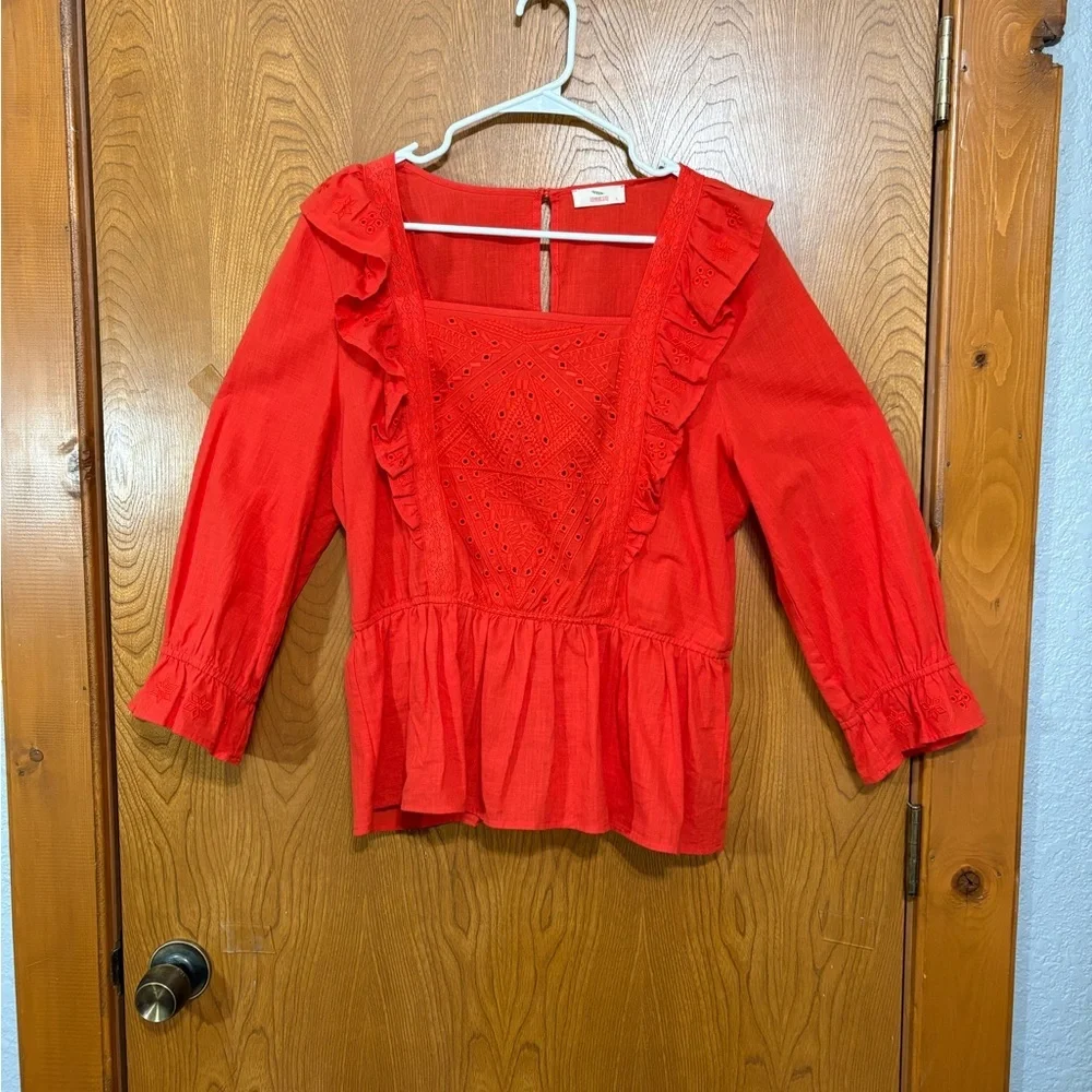 Hummingbird Vibrant Red Ruffled Blouse - Picture 1 of 6